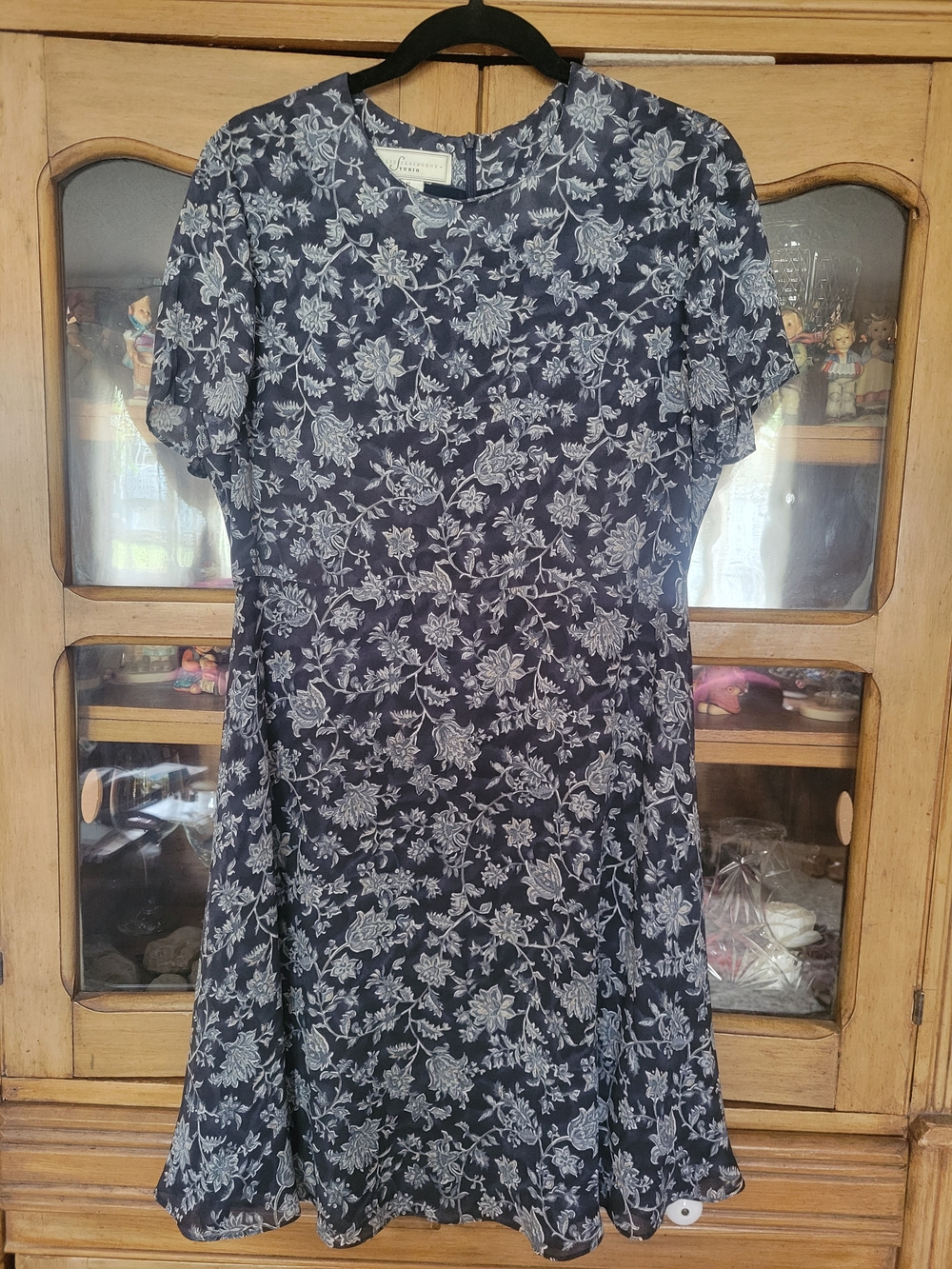 Vintage Liz Claiborne Studio Navy Blue Dress with White Floral Print Sz 12